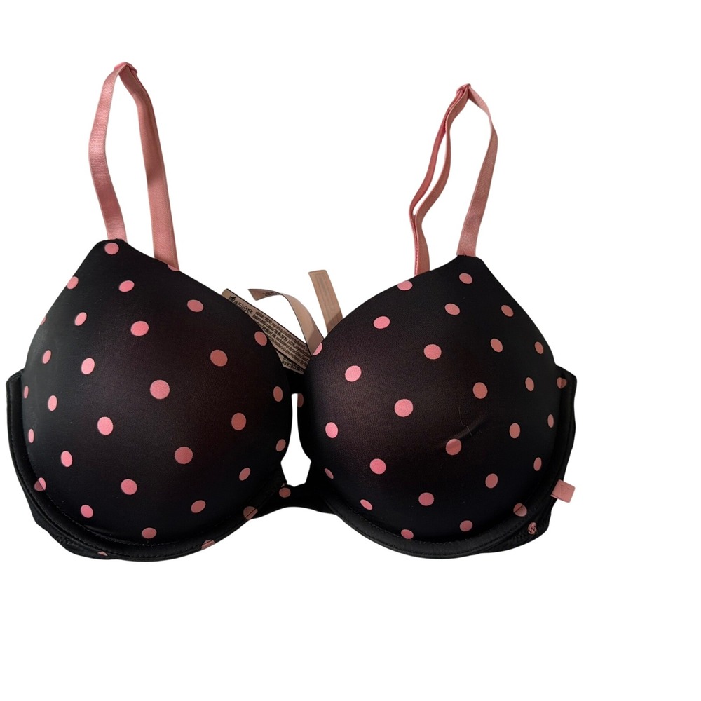 Victorias Secret Pink Polka Dot Push Up Bra Black 34DD Underwire Padded 3641